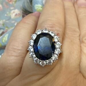 Princess Diana Inspired Oval Blue Sapphire CZ Halo Ring Sterling Silver Size 6
